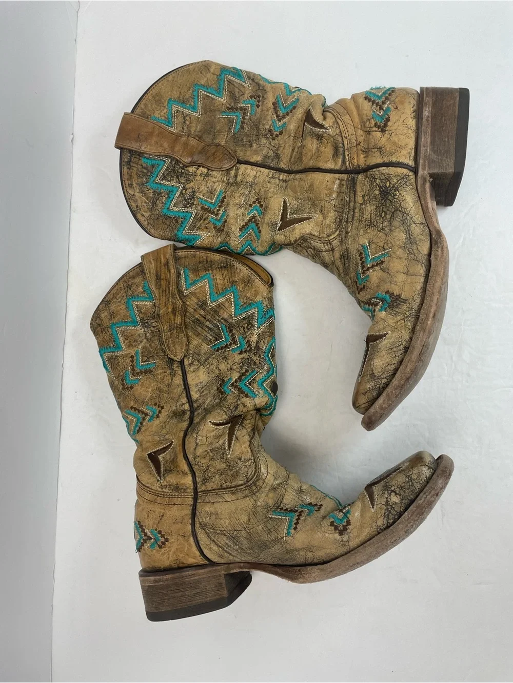 Corral Teens Cowboy Boots Girls Size 3 Tan Turquoise Embroidered Western